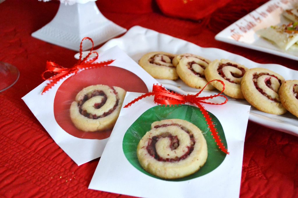 cranberry pinwheel cookies in wrappers