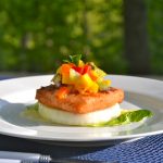Stacked Grilled Vidalia Onion with Teriyaki Salmon with Sweet & Spicy Salsa