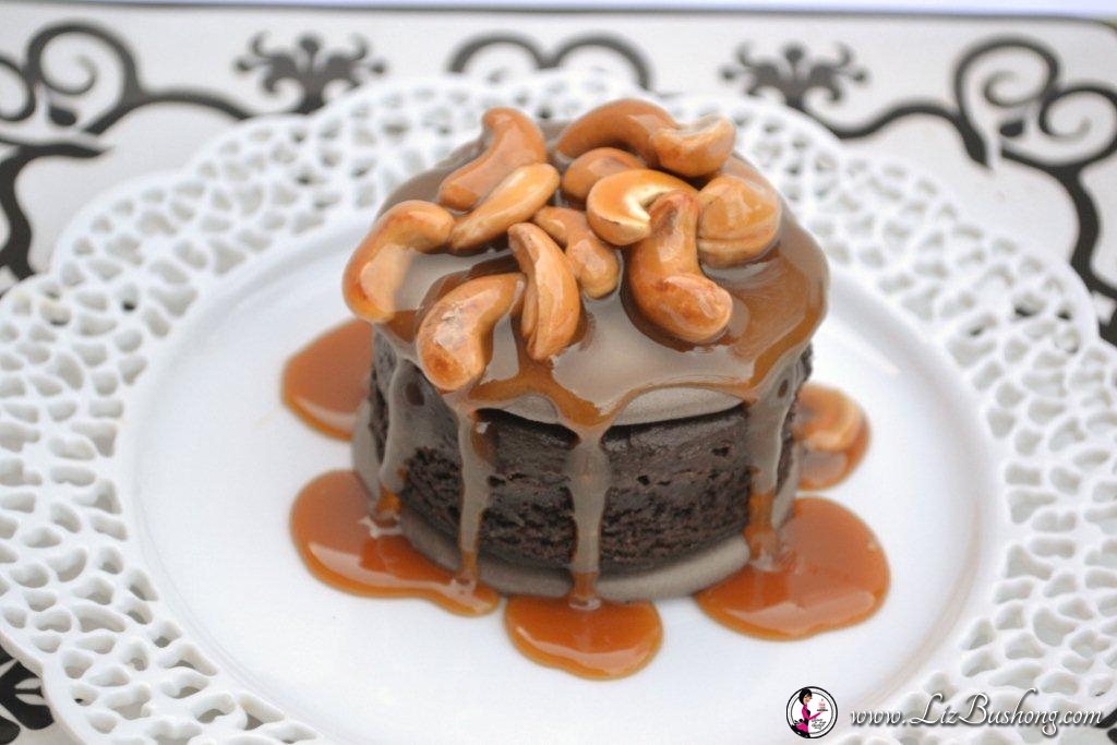 Chocolate Meringue Brownie with Cashew Caramel Sauce