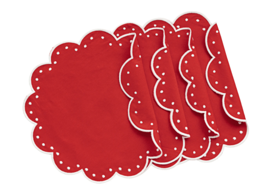 Red Scalloped white polka dot red round placemats 