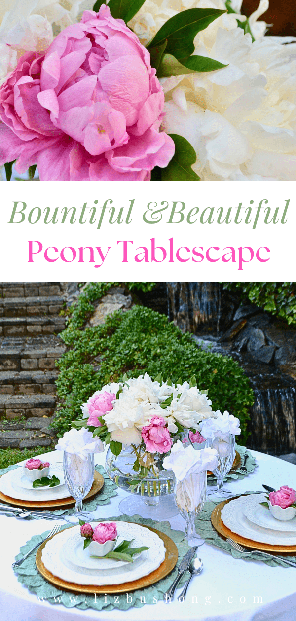 Fresh cut pink and white peonies as a table centerpiece for spring.