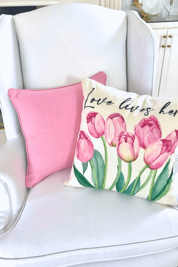 Home decor chairs and pillows to coordinate with Pink Tulip tablescape lizbushong.com