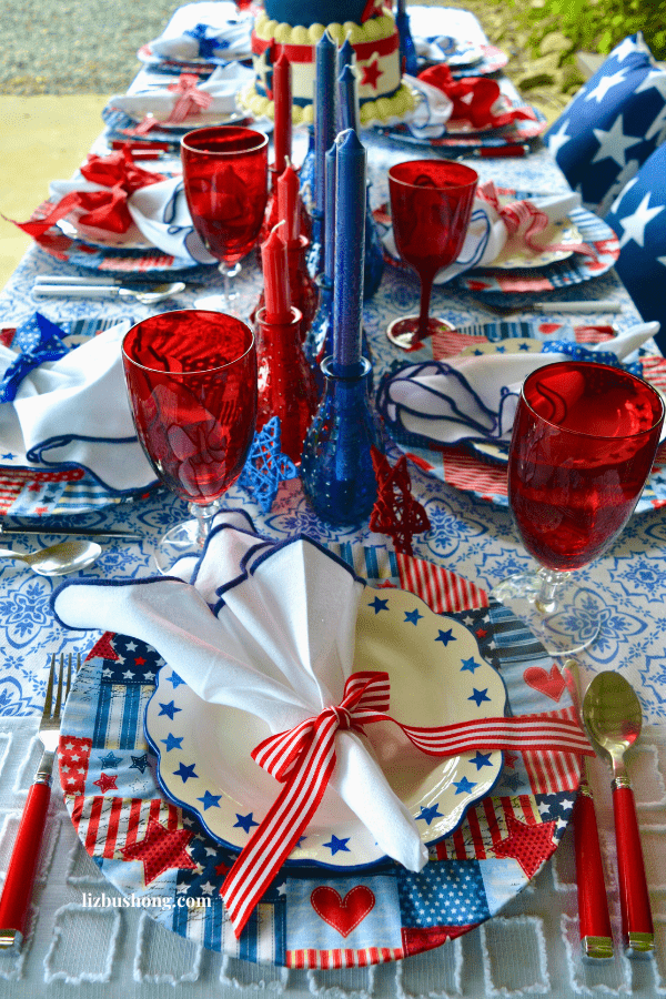 Patriotic Red, White & Blue Tablescape lizbushong.com