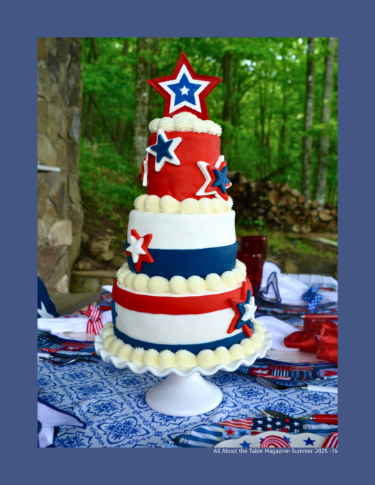 Patriotic Red, White & Blue Star Spangled Three Tied Cake featured All About the Table magazine Summer Issue lizbushong.com