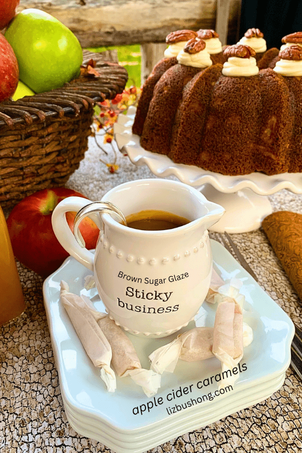 Apple Bundt Cake with Brown Sugar Glaze, Cinnamon Cream Cheese frosting dollops lizbushong.com