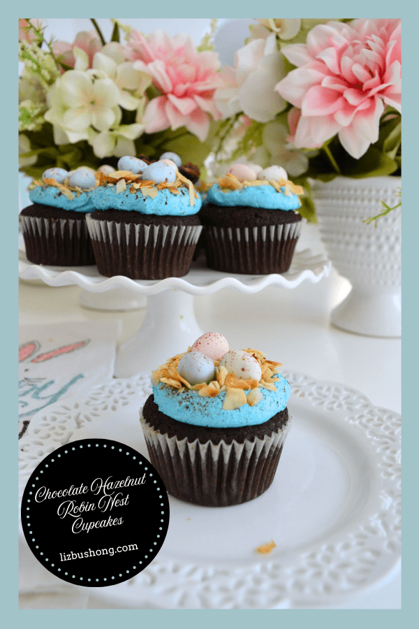 Chocolate Hazelnut Robin Egg Nest cupcakes with tiny chow mein nest lizbushong.com