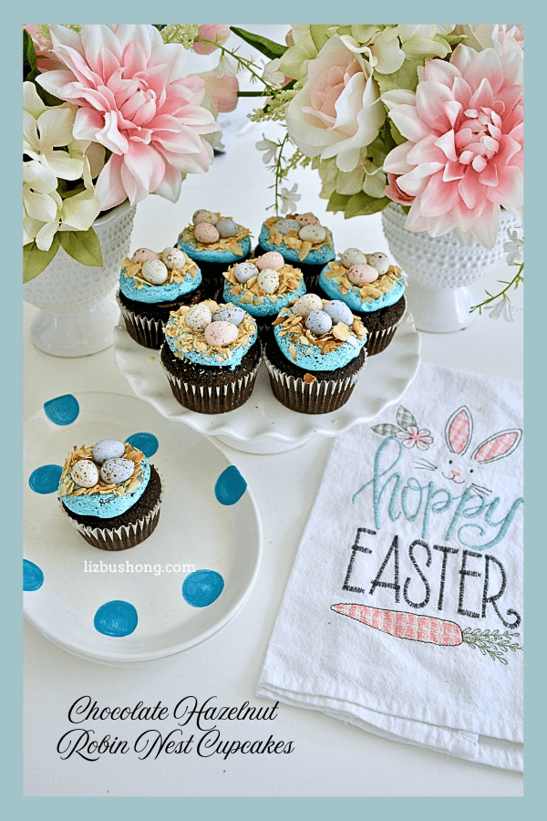 Chocolate Hazelnut Robin Egg Nest cupcakes with tiny chow mein nest lizbushong.com