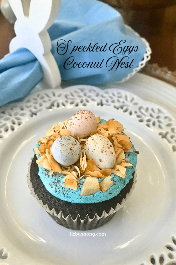 Chocolate Hazelnut Robin Egg Nest cupcakes with tiny chow mein nest lizbushong.com